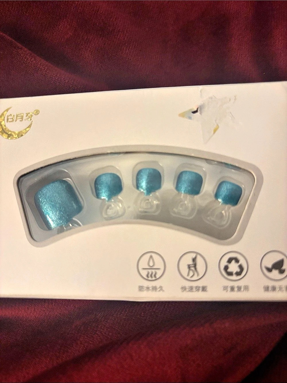白月牙 蓝绿色闪粉脚趾甲穿戴甲 Blue Press-On Nails NWT